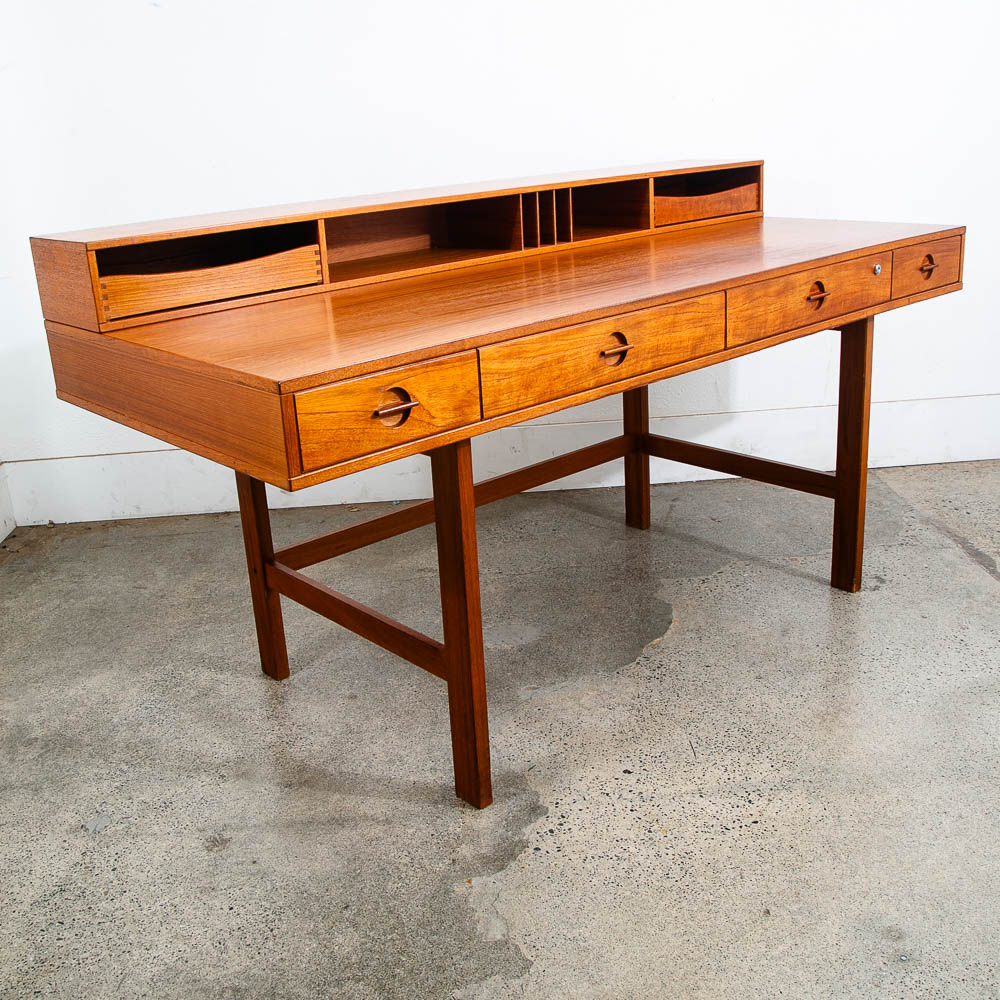 Mid Century Danish Modern Desk Executive Flip Top Nielsen Lovig Teak Wood Brass