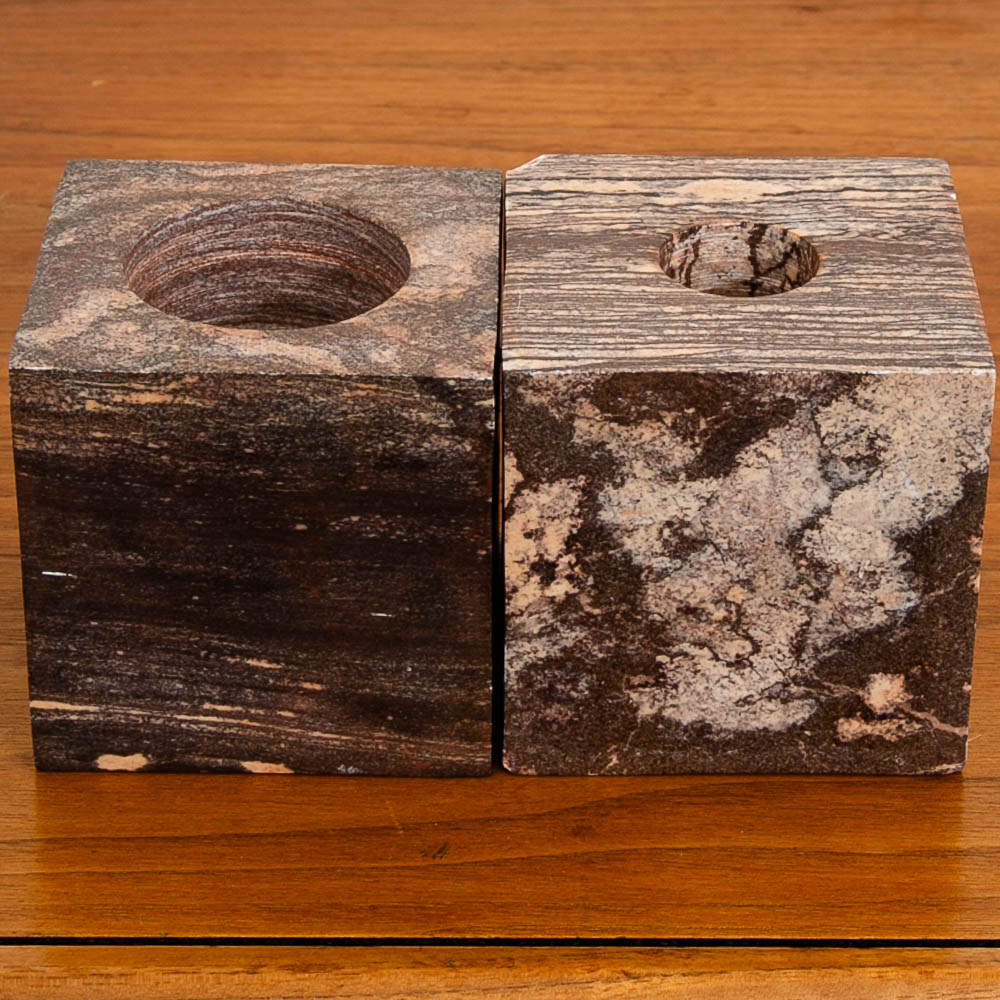 Mid Century Modern Art Cubed Marble Candleholders with Visible Veins Pair of Two