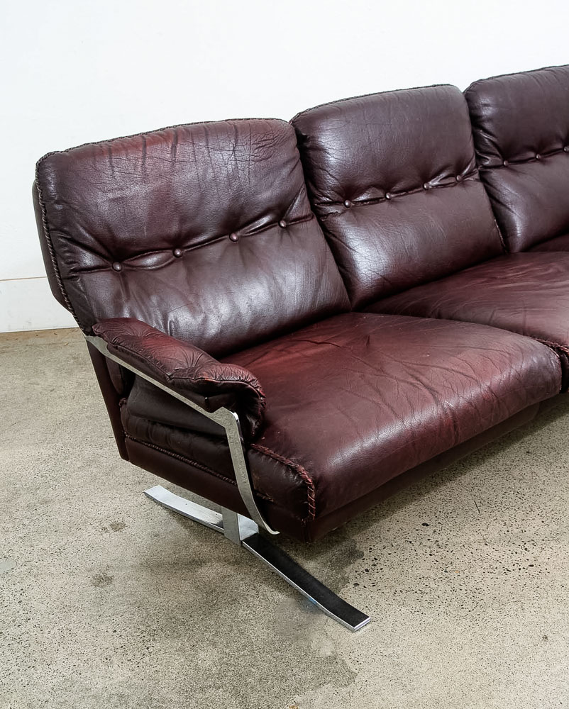 Mid Century Danish Modern Sofa Couch Burgundy Chrome Leather Arne Norell 3 Seat - Image 5