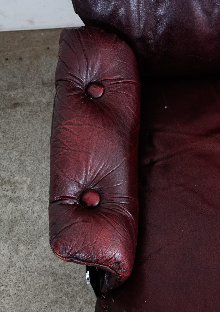 Mid Century Danish Modern Sofa Couch Burgundy Chrome Leather Arne Norell 3 Seat - Image 8