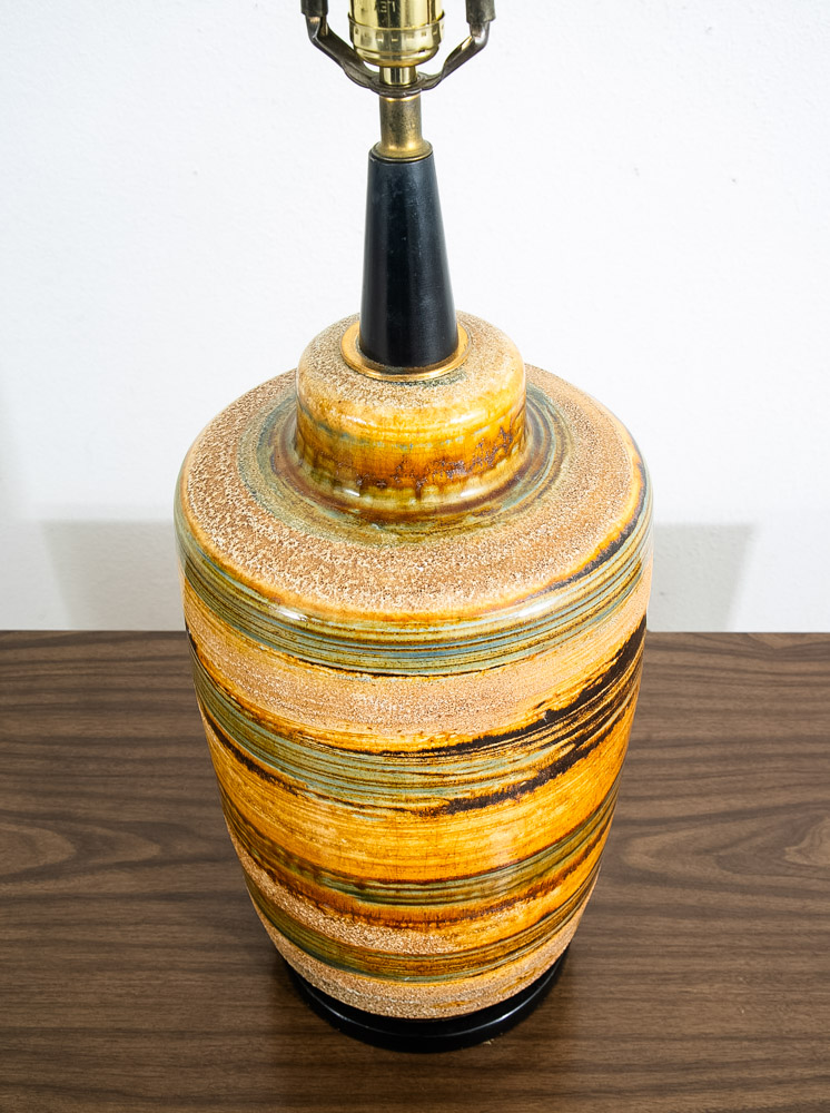 Mid Century Modern Table Lamp Ceramic Yellow Green Brown Round Vintage Working - Image 3