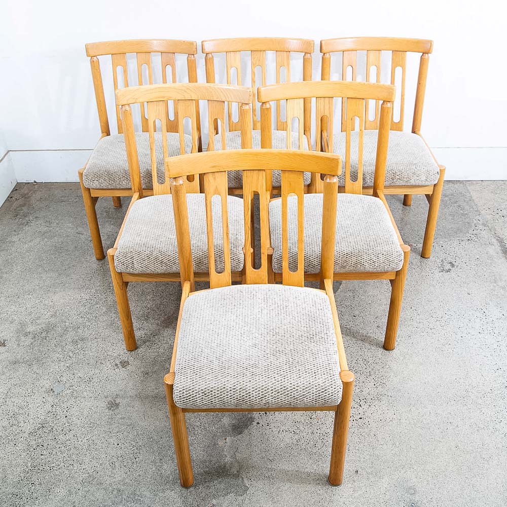 Mid Century Modern Dining Chairs Set 6 Oatmeal Tweed Solid Wood Vintage Fabric