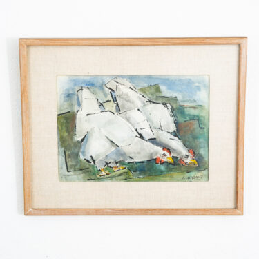 Mid Century Modern Watercolor George Constant Roosters Signed Painting Original