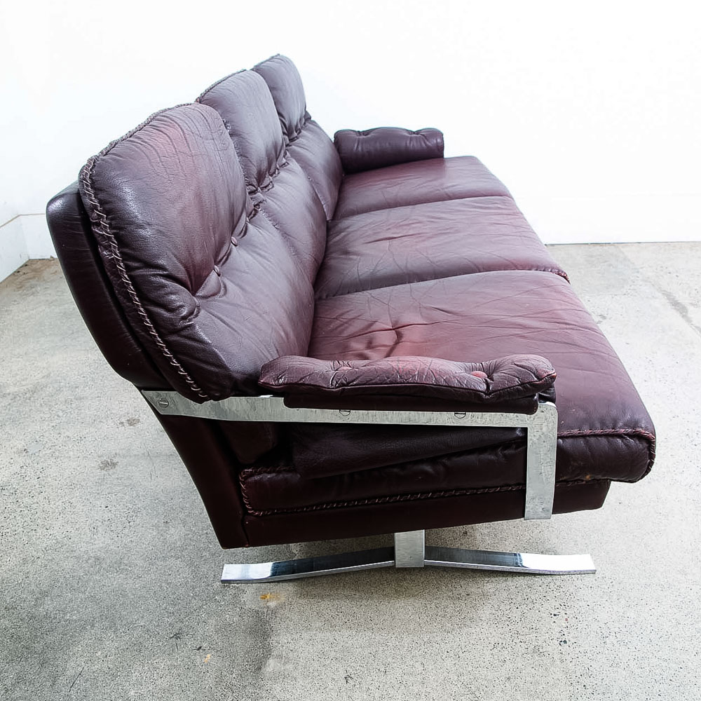 Mid Century Danish Modern Sofa Couch Burgundy Chrome Leather Arne Norell 3 Seat - Image 3