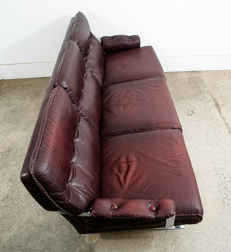 Mid Century Danish Modern Sofa Couch Burgundy Chrome Leather Arne Norell 3 Seat - Image 6
