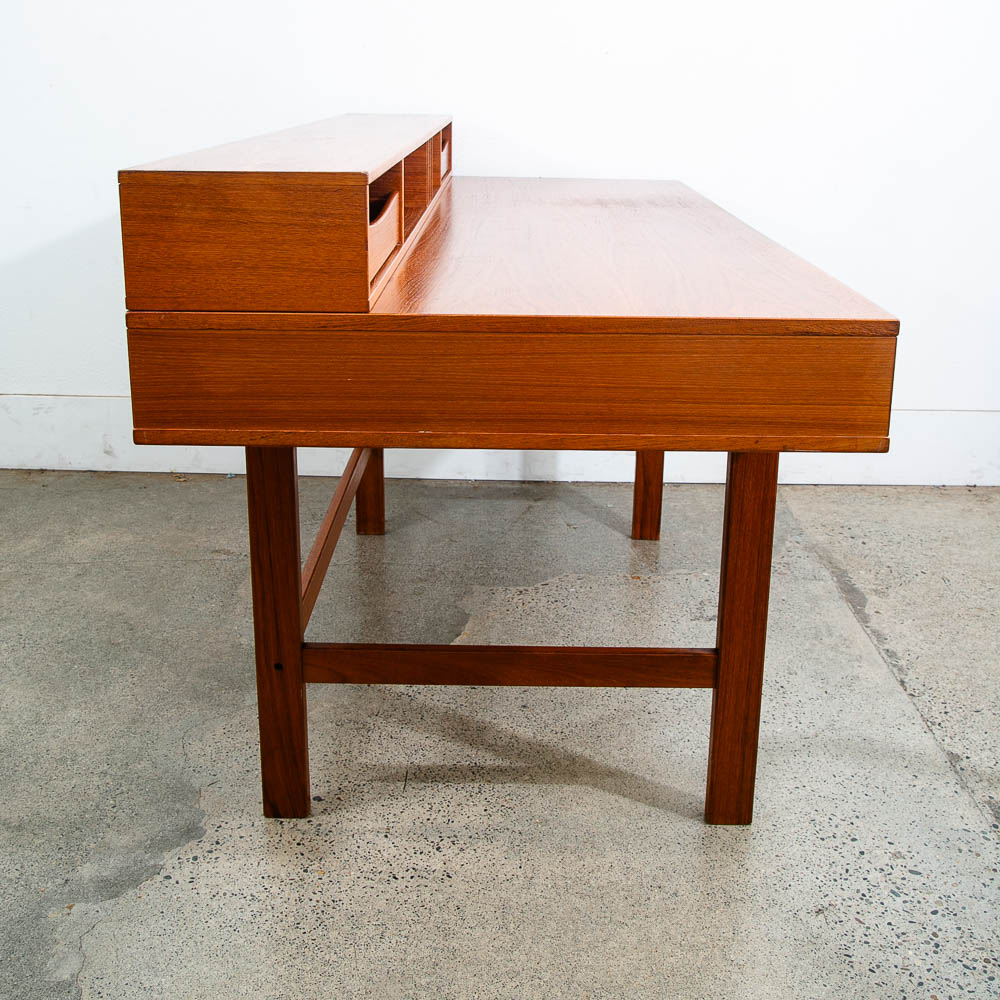 Mid Century Danish Modern Desk Executive Flip Top Nielsen Lovig Teak Wood Brass - Image 3
