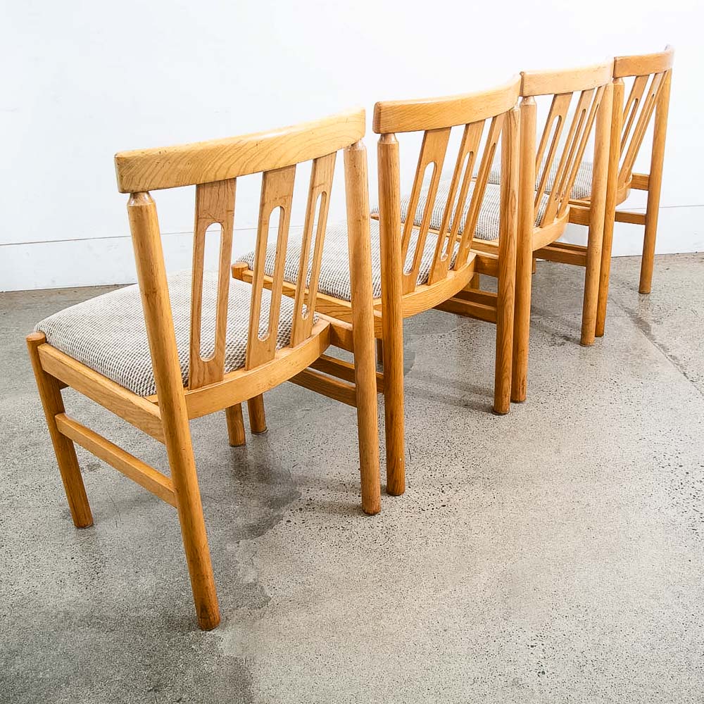 Mid Century Modern Dining Chairs Set 6 Oatmeal Tweed Solid Wood Vintage Fabric - Image 3