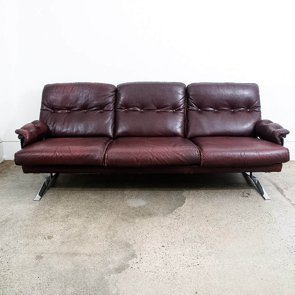 Mid Century Danish Modern Sofa Couch Burgundy Chrome Leather Arne Norell 3 Seat - Image 2