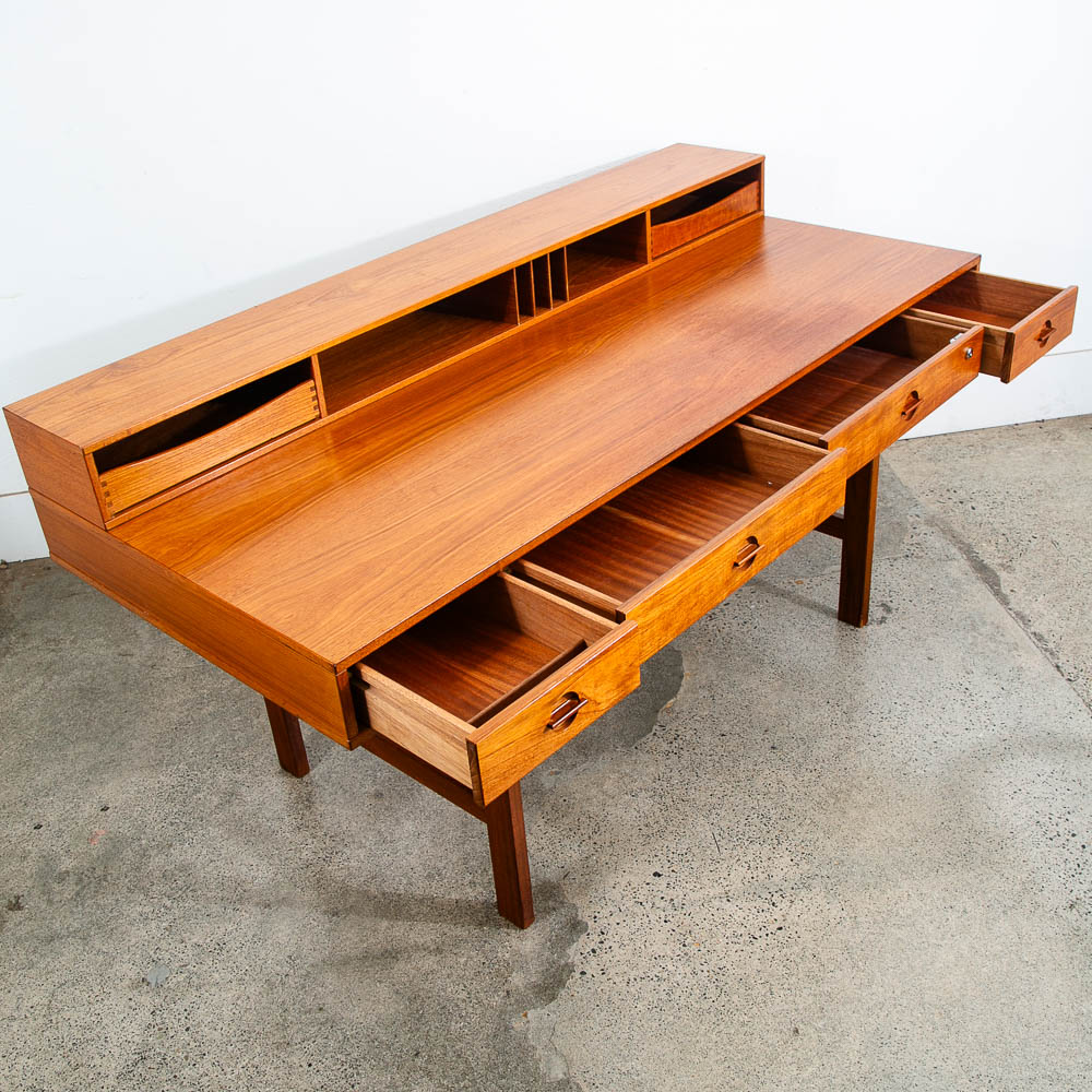 Mid Century Danish Modern Desk Executive Flip Top Nielsen Lovig Teak Wood Brass - Image 7