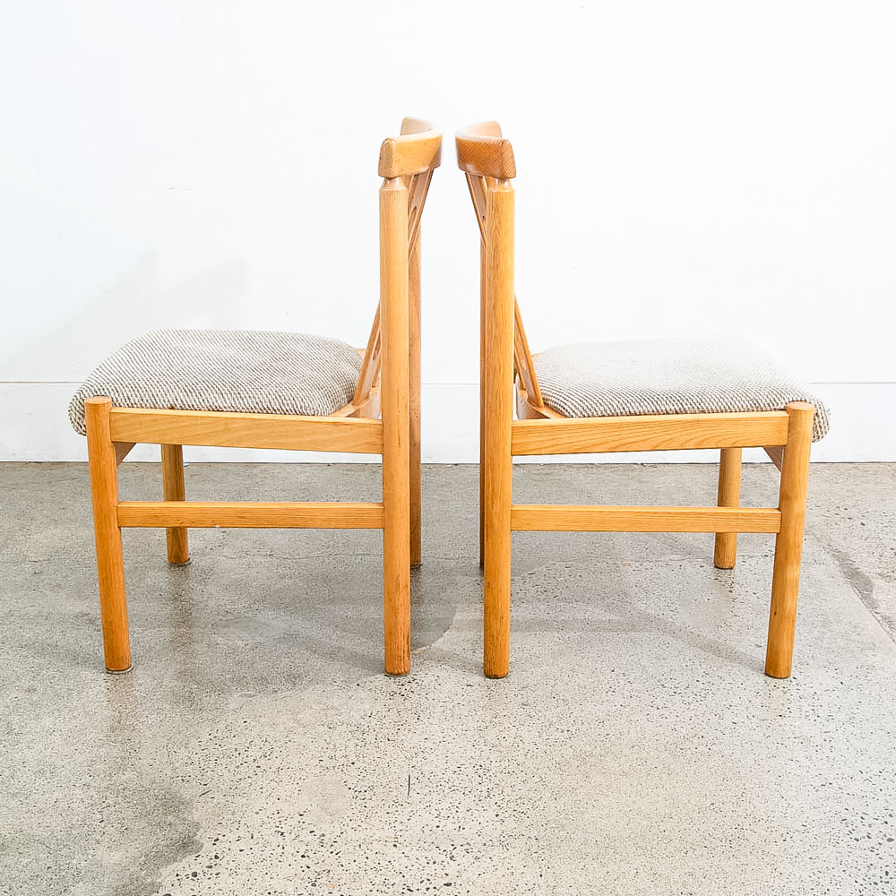 Mid Century Modern Dining Chairs Set 6 Oatmeal Tweed Solid Wood Vintage Fabric - Image 5