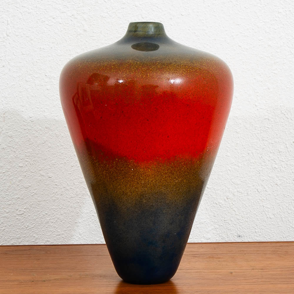 Mid Century Modern Studio Glass Vase Blue Red and Yellow 70s Handblown Flower Vase - Image 2