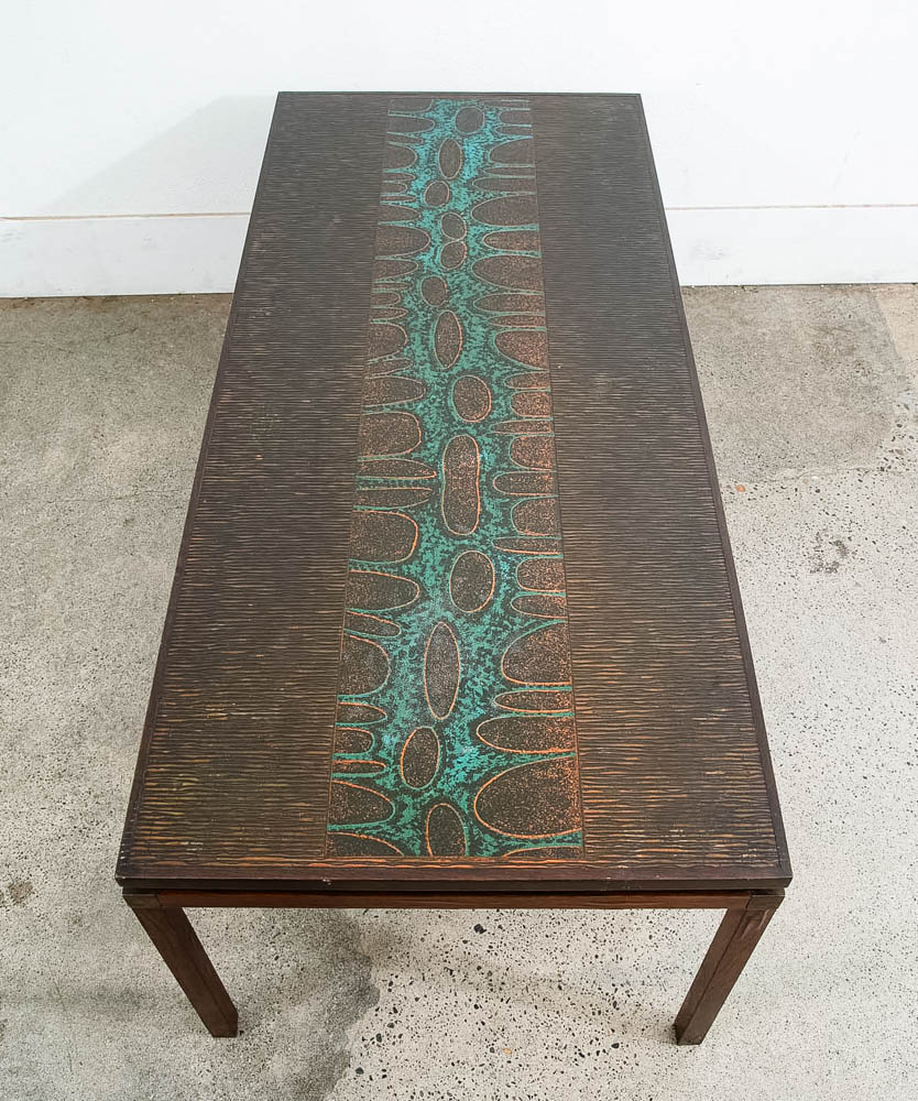 Mid Century Danish Modern Coffee Table Rosewood Copper Etched John Morkegaard - Image 2