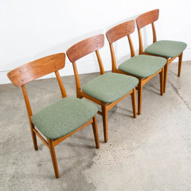 Mid Century Danish Modern Dining Chairs Set 4 Green Fabric Oak Walnut Vintage