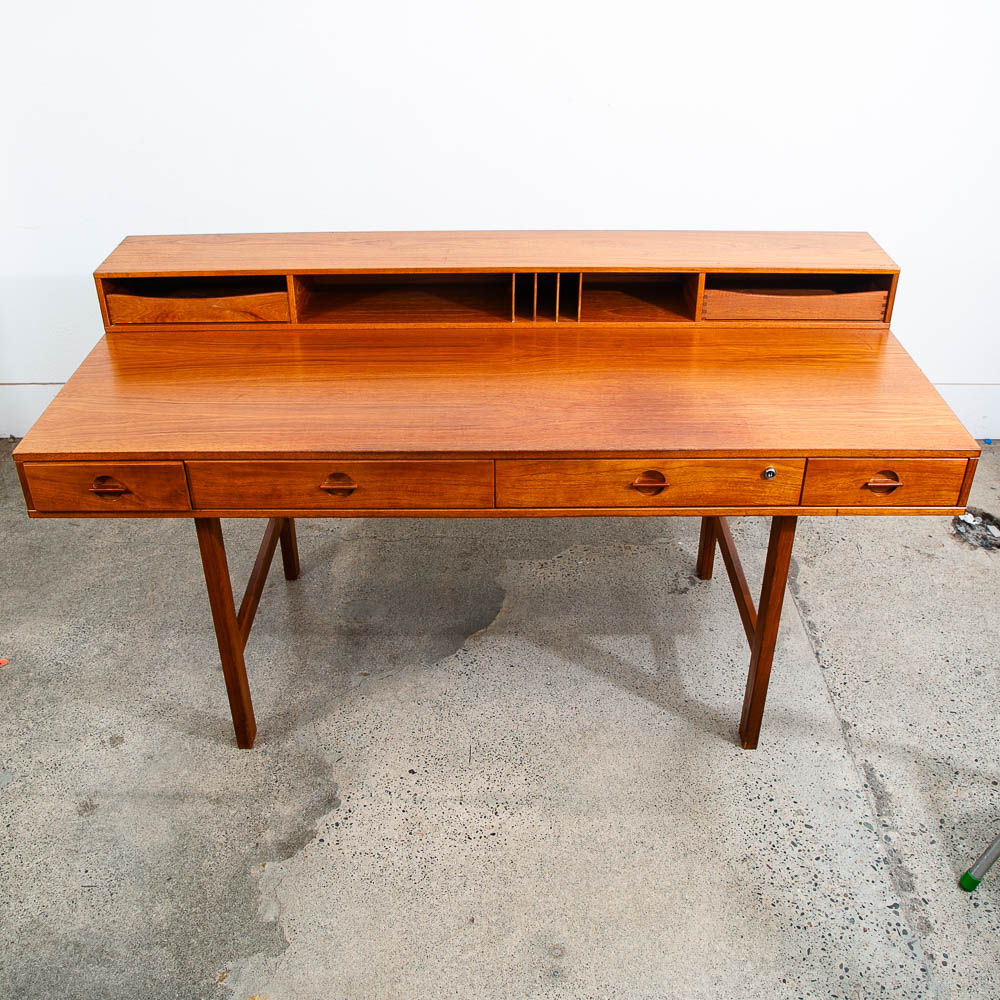 Mid Century Danish Modern Desk Executive Flip Top Nielsen Lovig Teak Wood Brass - Image 2