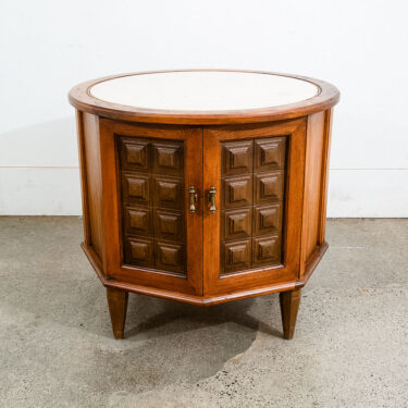 Mid Century Modern Side Table End Nightstand Round Travertine Top Door Vintage