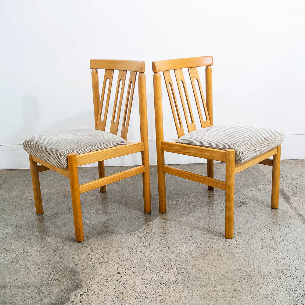 Mid Century Modern Dining Chairs Set 6 Oatmeal Tweed Solid Wood Vintage Fabric - Image 4