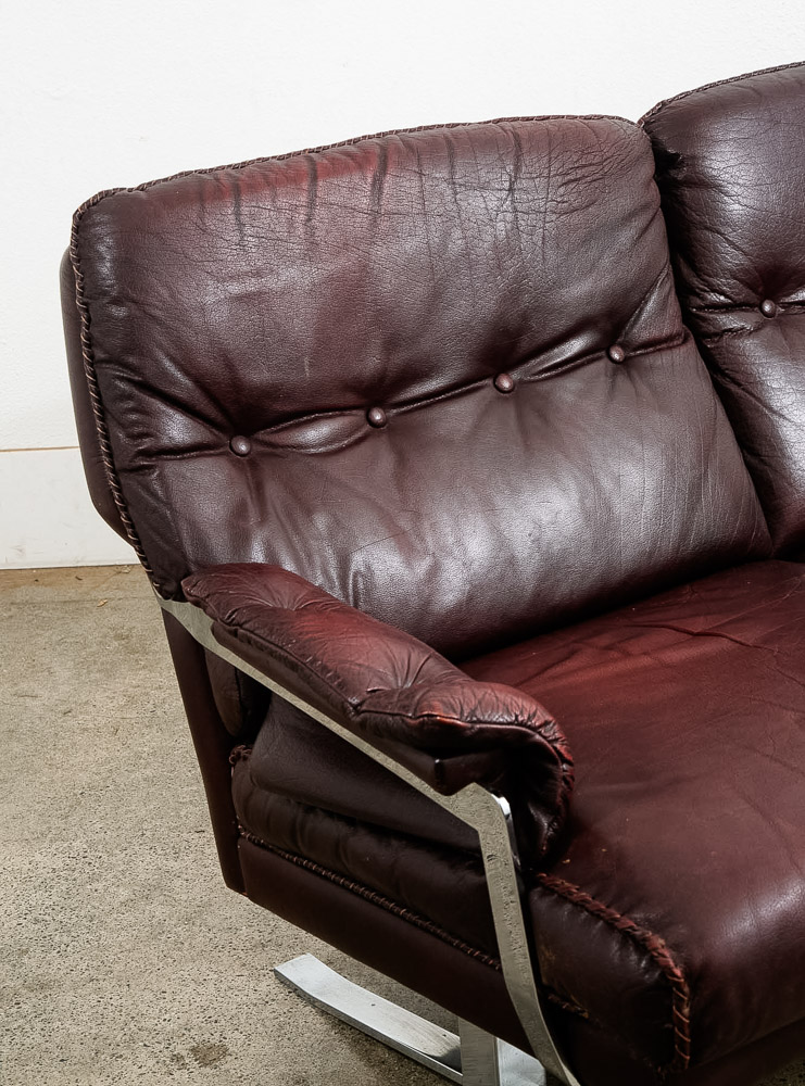 Mid Century Danish Modern Sofa Couch Burgundy Chrome Leather Arne Norell 3 Seat - Image 7