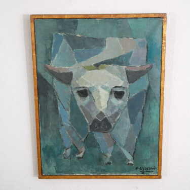 Mid Century Oil Painting George Constant Art Abstract Bull Original Blue 19x25"