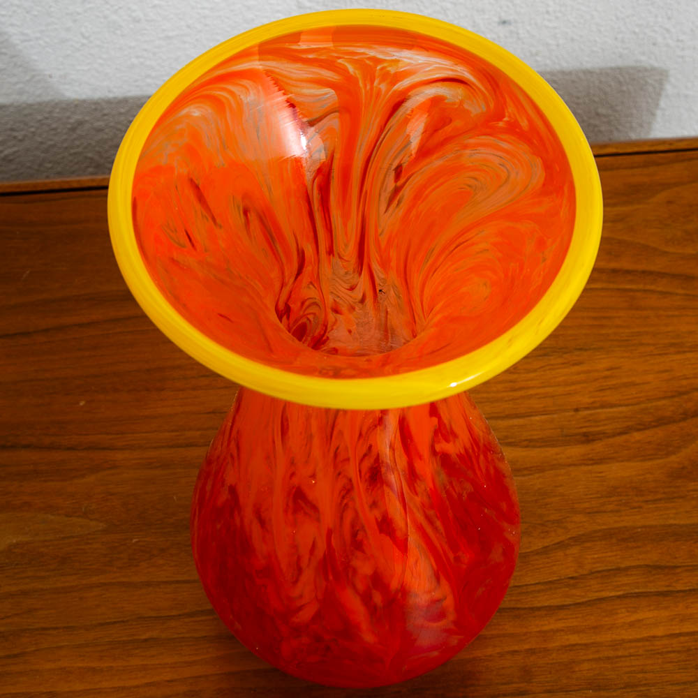 Mid Century Modern Kenneth Marin Handblown Art Glass Vase Orange Amber Tall Round - Image 8