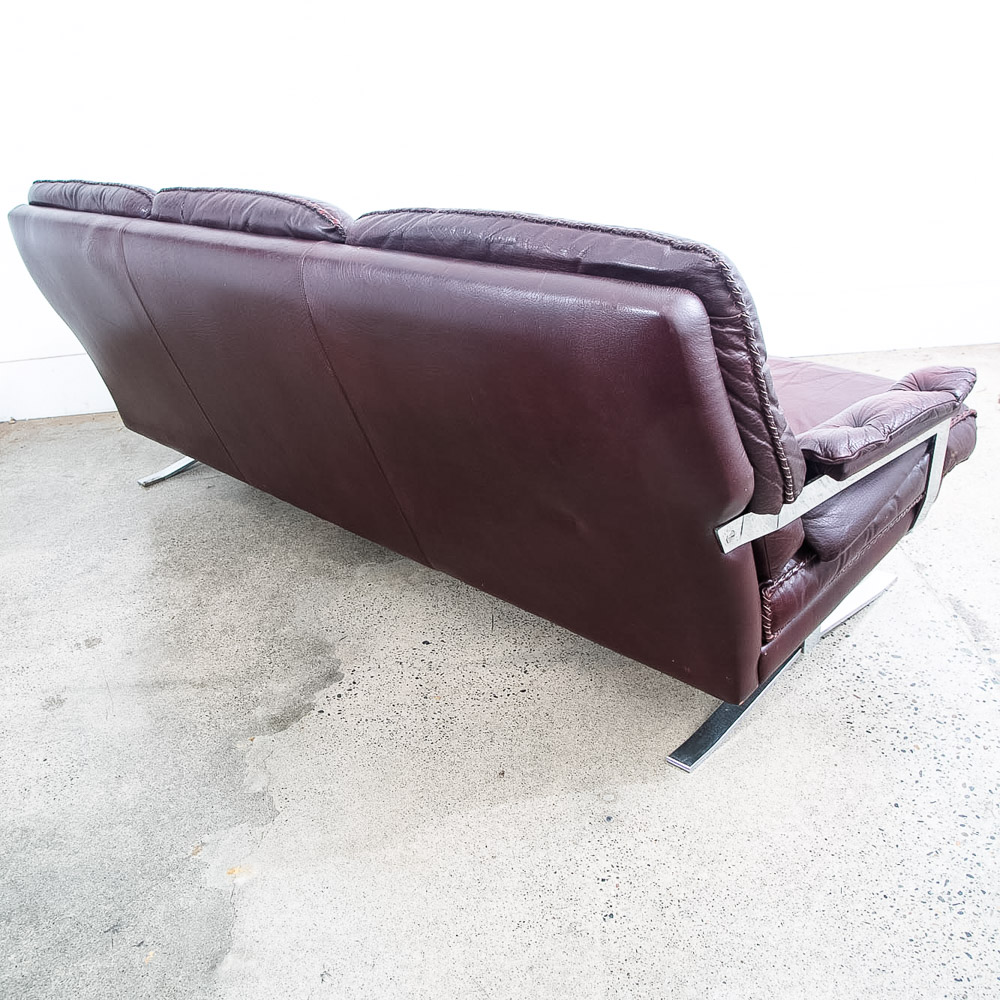 Mid Century Danish Modern Sofa Couch Burgundy Chrome Leather Arne Norell 3 Seat - Image 4