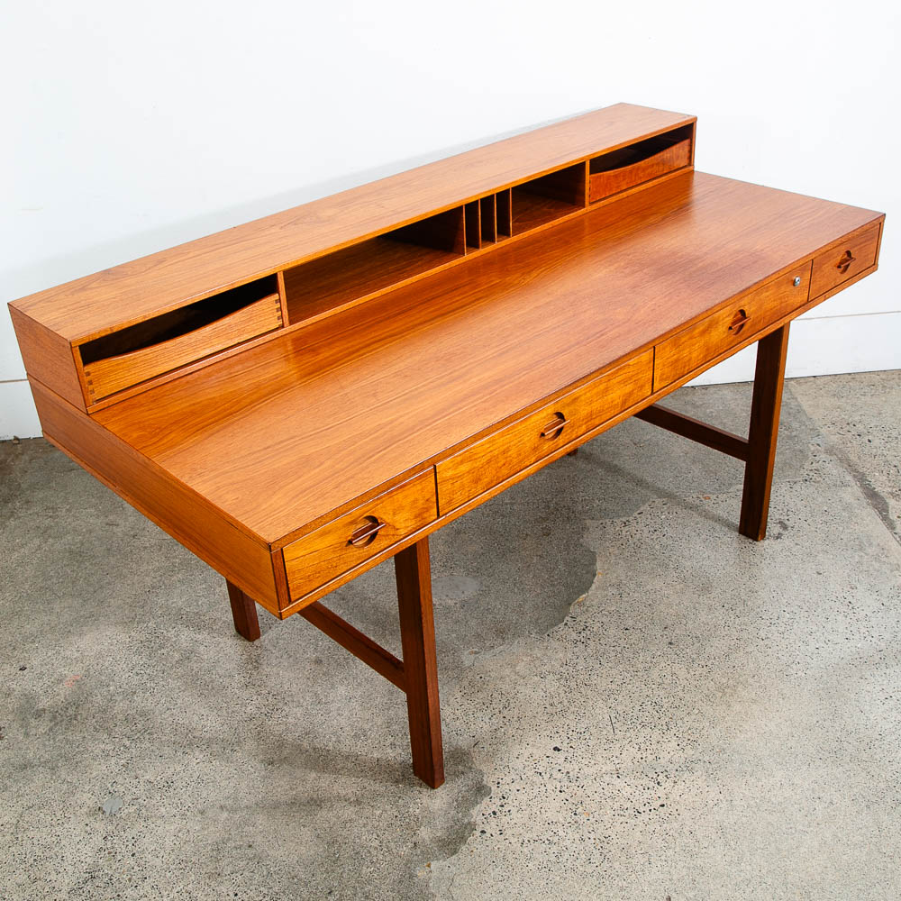 Mid Century Danish Modern Desk Executive Flip Top Nielsen Lovig Teak Wood Brass - Image 11