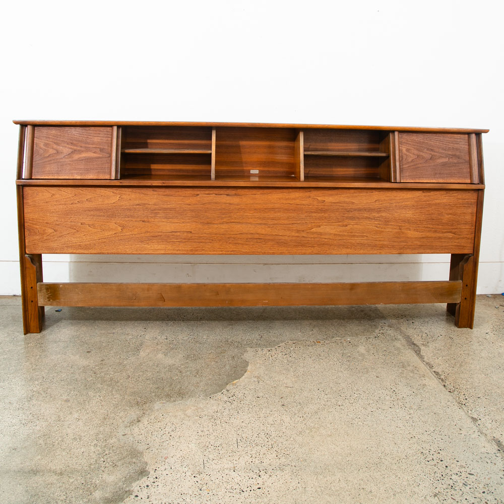 Mid Century Danish Modern Headboard King Bed Frame Walnut Sliding Doors Storage - Image 2