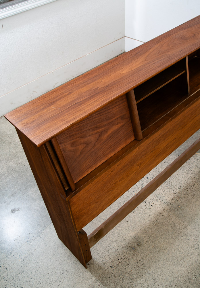 Mid Century Danish Modern Headboard King Bed Frame Walnut Sliding Doors Storage - Image 9