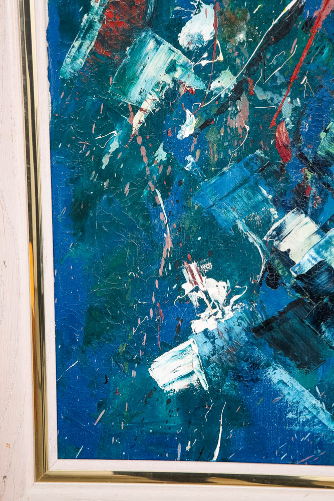 Mid Century Modern Oil Painting Abstract Expressionism Blue Green Black 36x31 - Image 10