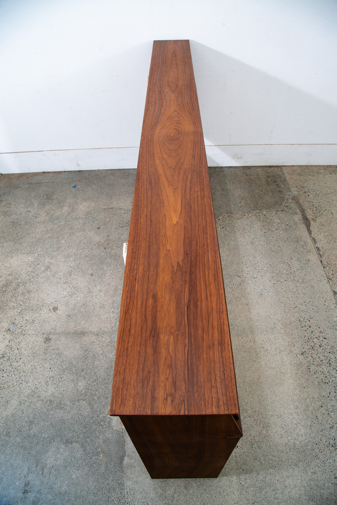 Mid Century Danish Modern Headboard King Bed Frame Walnut Sliding Doors Storage - Image 4