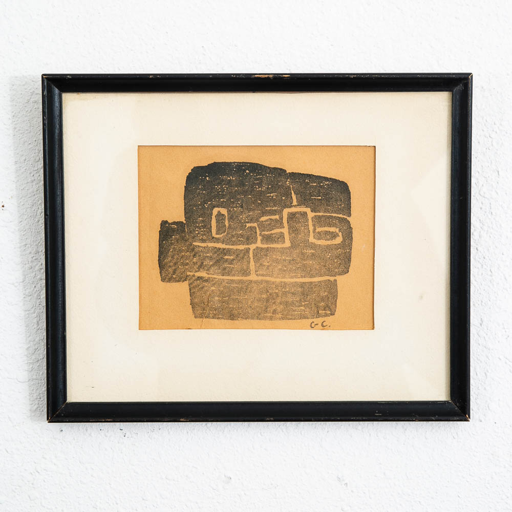 Mid Century Modern Abstract Form Block Print George Constant Black Ink Signed