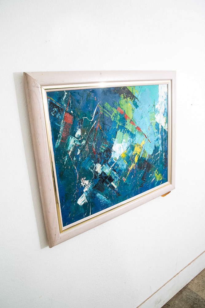 Mid Century Modern Oil Painting Abstract Expressionism Blue Green Black 36x31 - Image 3