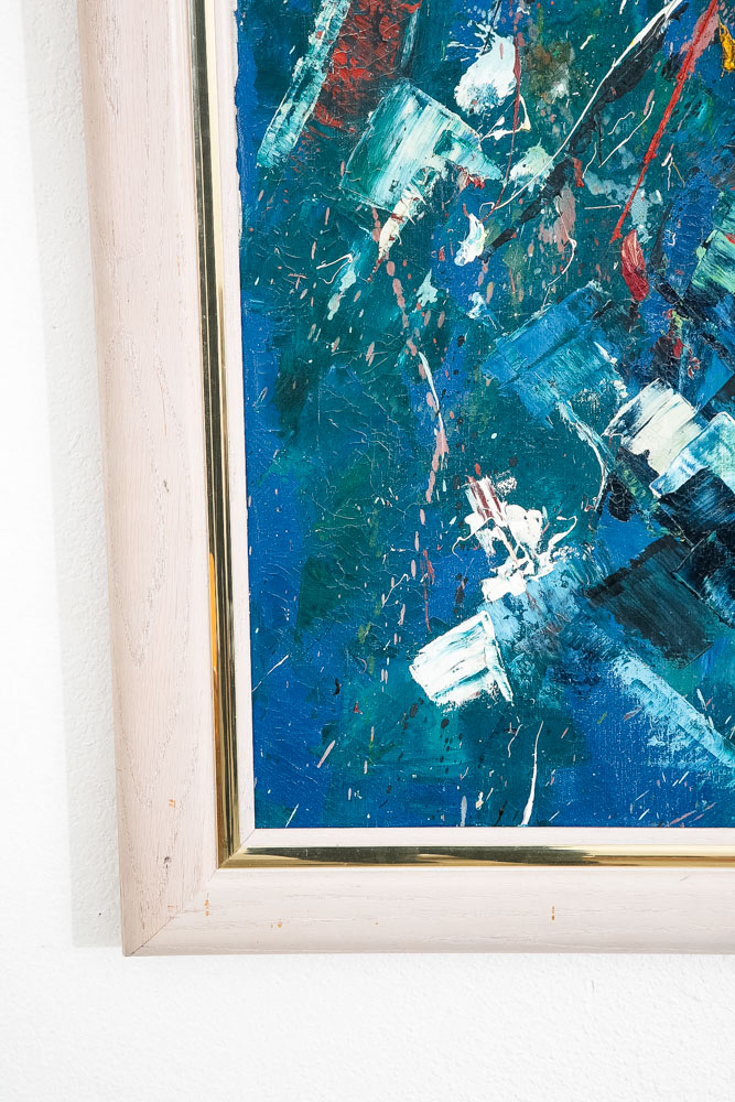 Mid Century Modern Oil Painting Abstract Expressionism Blue Green Black 36x31 - Image 8