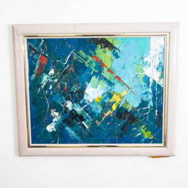 Mid Century Modern Oil Painting Abstract Expressionism Blue Green Black 36x31