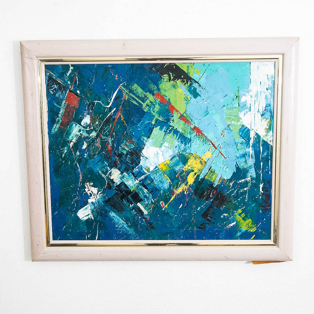 Mid Century Modern Oil Painting Abstract Expressionism Blue Green Black 36x31