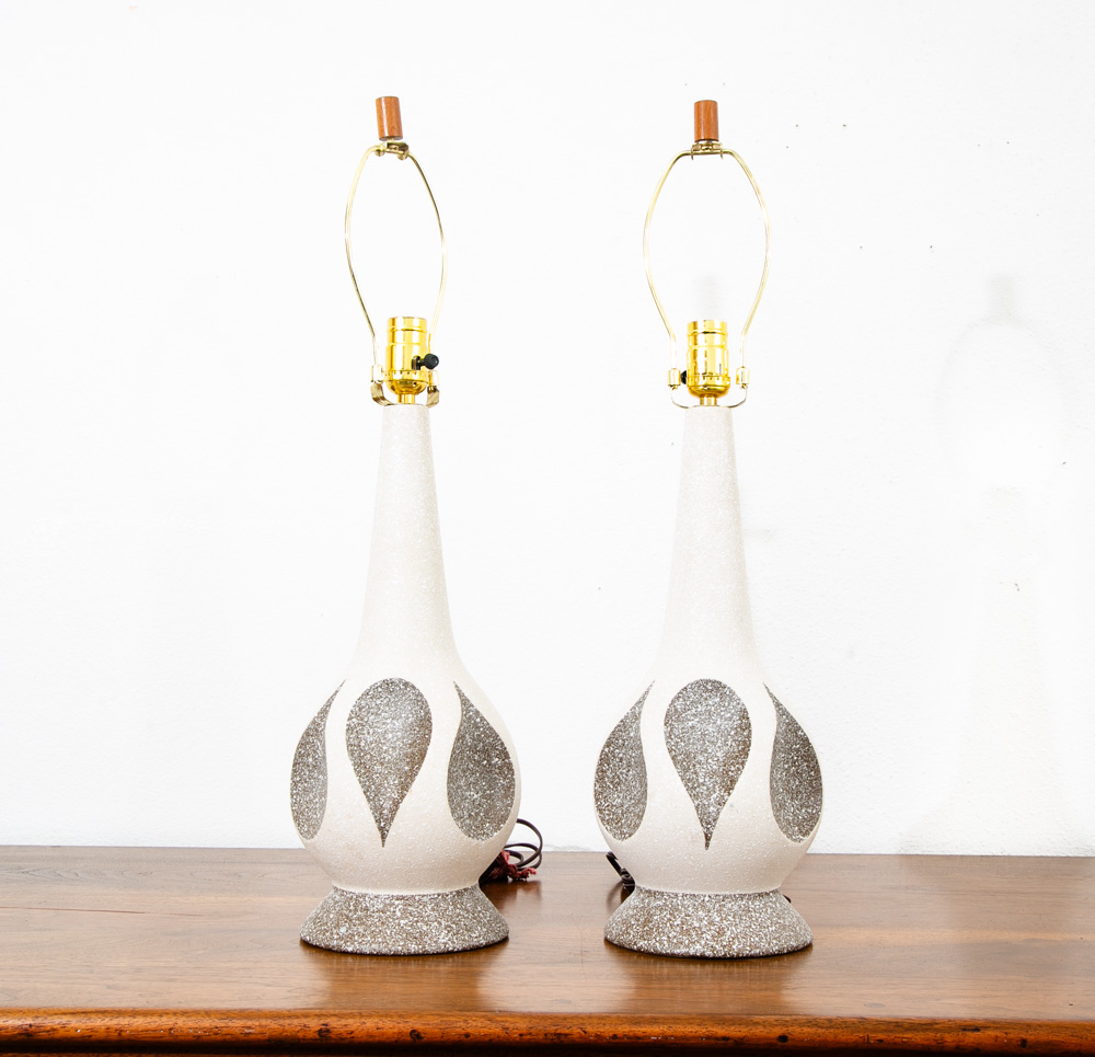 Mid Century Modern Lamp Set Table Light lighting Ceramic Grey White Working Mcm