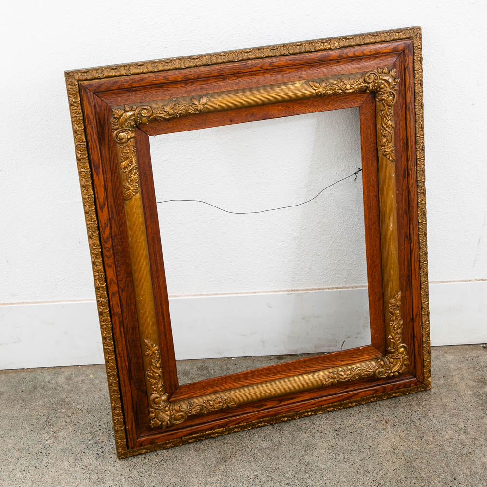 Antique Victorian Frame Picture Wall Framed Solid Oak Gold Gilt Brass Art 30x33 - Image 5