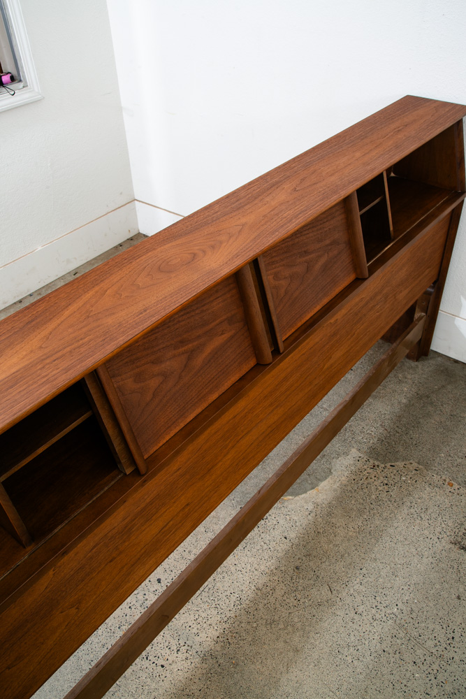 Mid Century Danish Modern Headboard King Bed Frame Walnut Sliding Doors Storage - Image 8