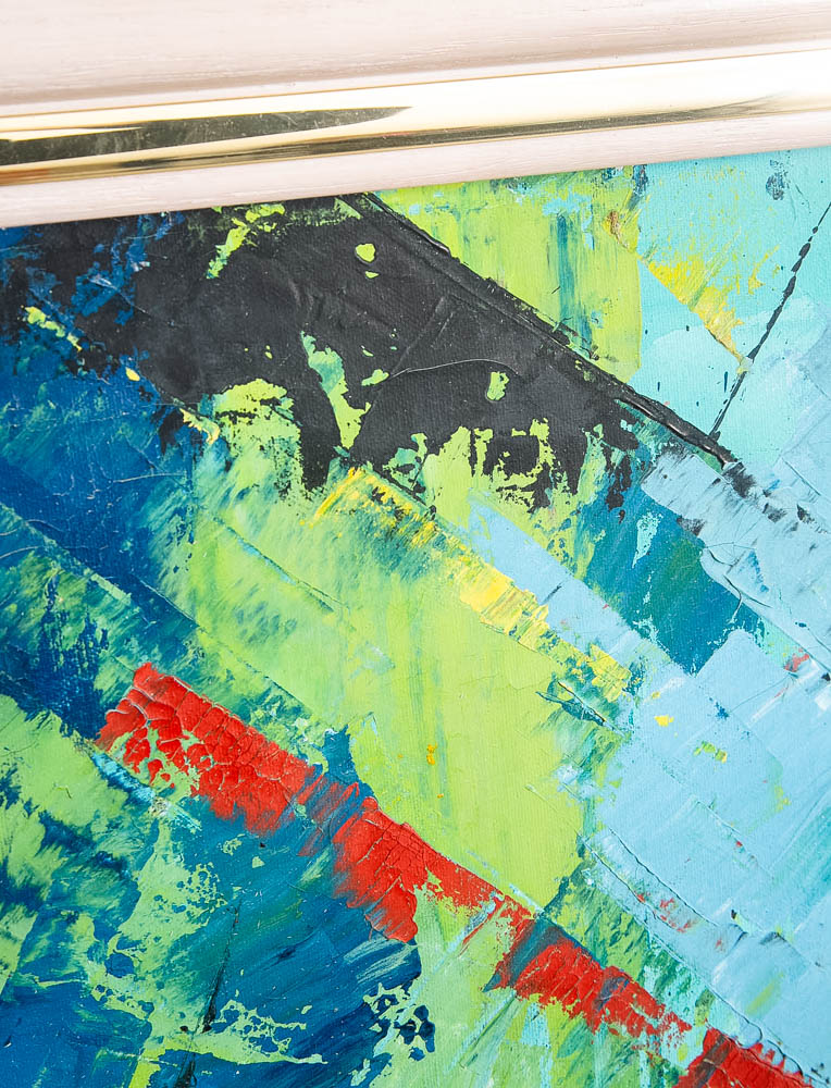 Mid Century Modern Oil Painting Abstract Expressionism Blue Green Black 36x31 - Image 12