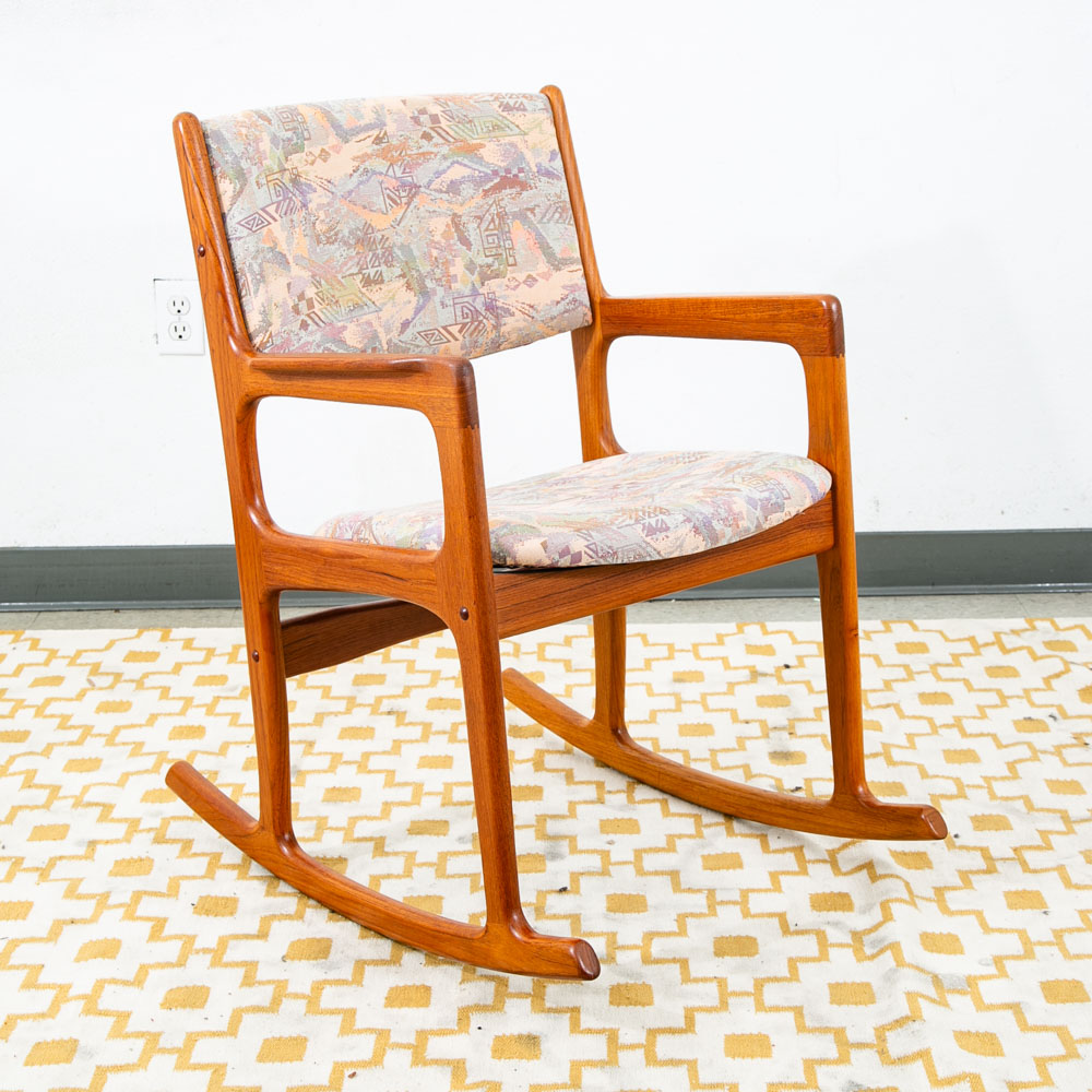 Mid Century Danish Modern Rocking Chair Benny Linden Teak Fabric Mcm Rocker Mcm