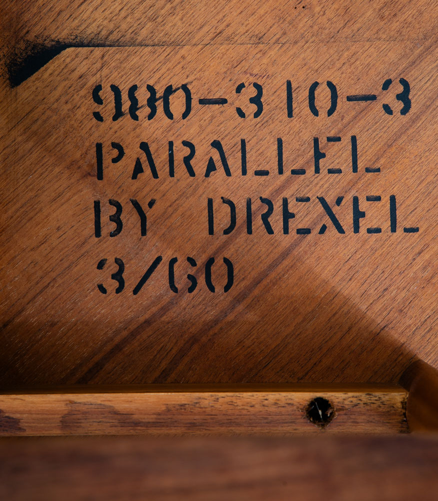 Mid Century Modern Side Table Set End Round Drexel Parallel 2 Walnut Nightstands - Image 6