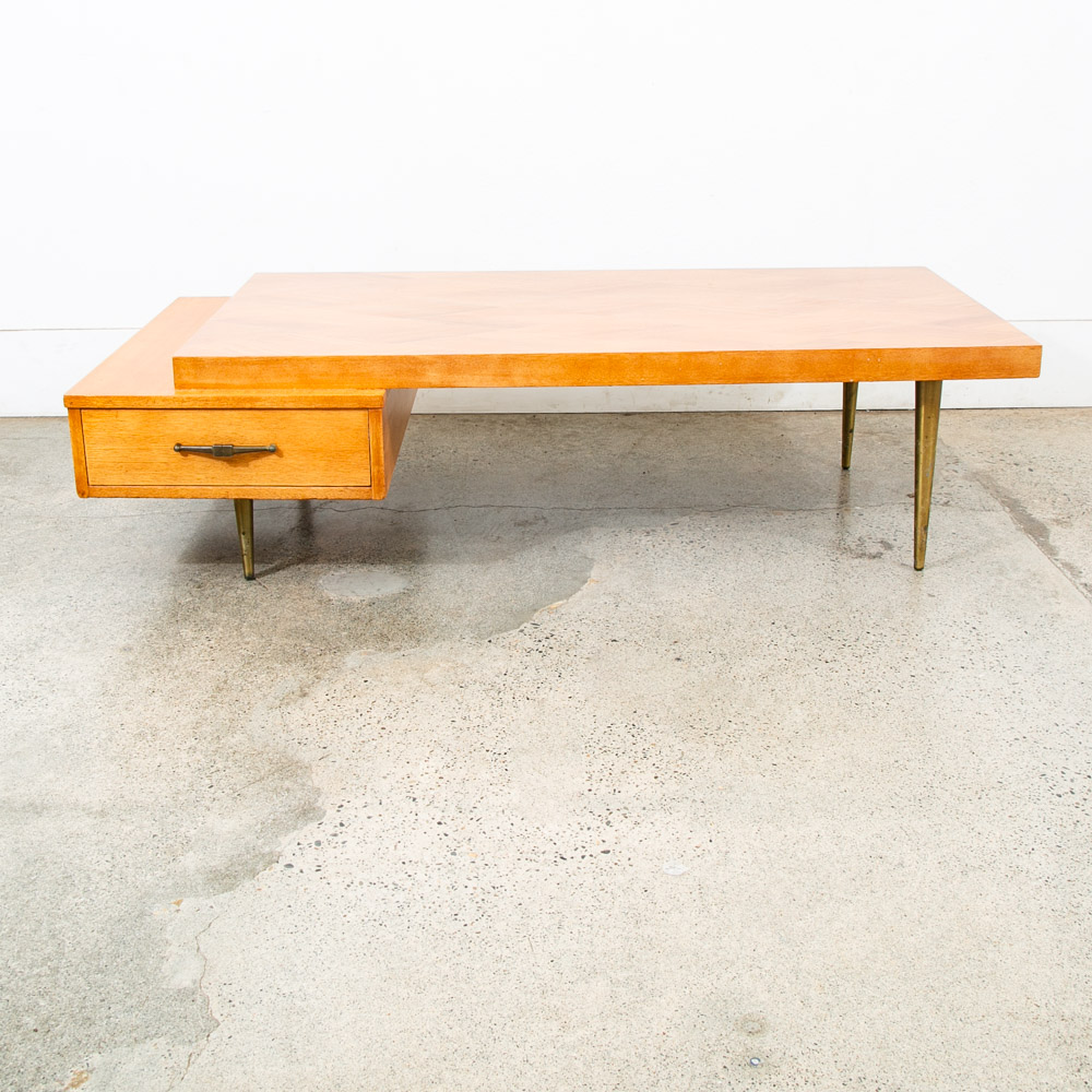 Mid Century Modern Coffee Table Mahogany Drawer Blonde Wood Mansion House Mcm - Image 2