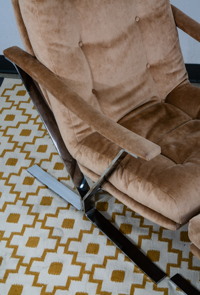 Mid Century Danish Modern Lounge Chairs Set Tufted Metal Ottoman Pair Tan Arm 2 - Image 10