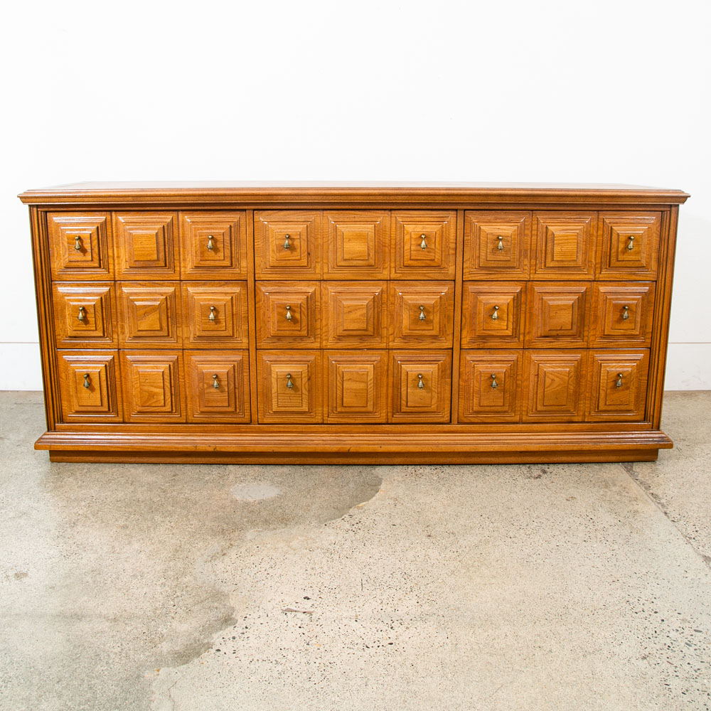 Mid Century Modern Credenza Server Buffet Stanley Oak 9 Drawers Cabinet 1970s - Image 2
