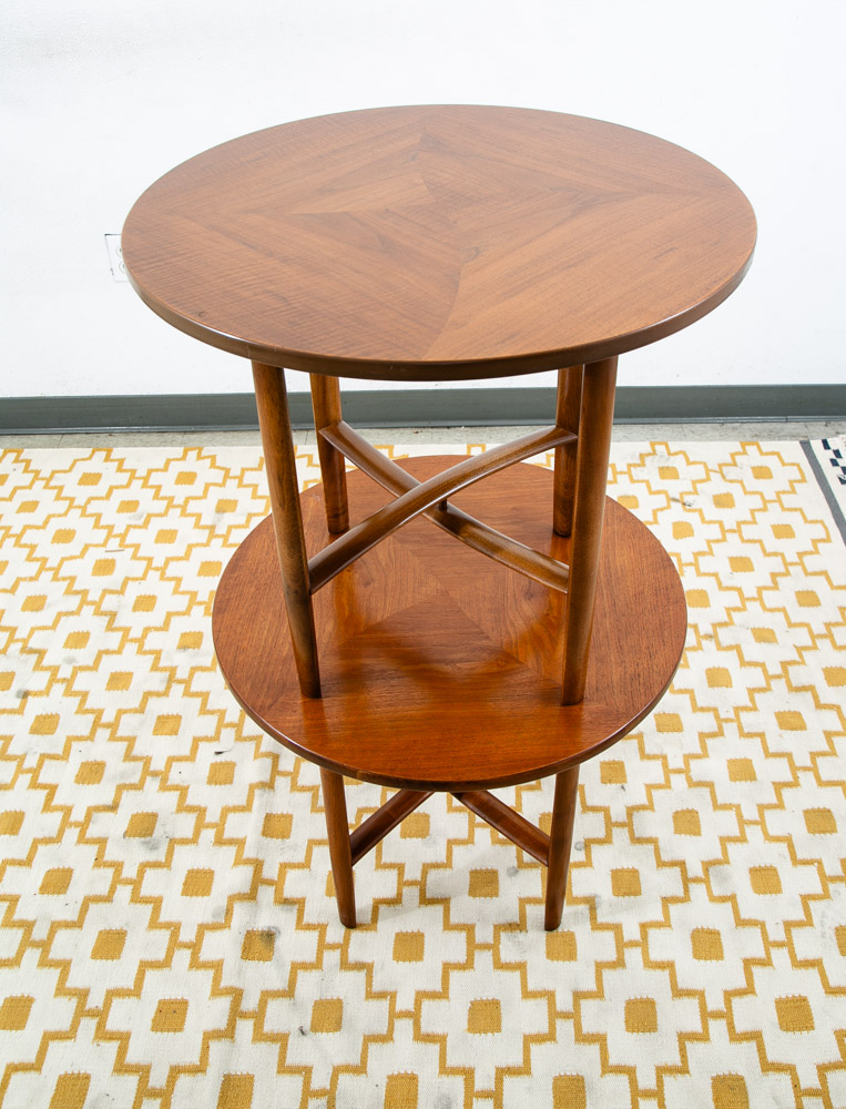 Mid Century Modern Side Table Set End Round Drexel Parallel 2 Walnut Nightstands - Image 7