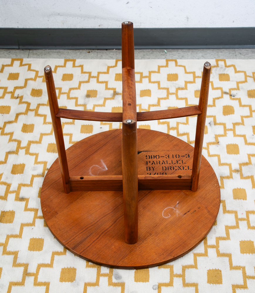 Mid Century Modern Side Table Set End Round Drexel Parallel 2 Walnut Nightstands - Image 5