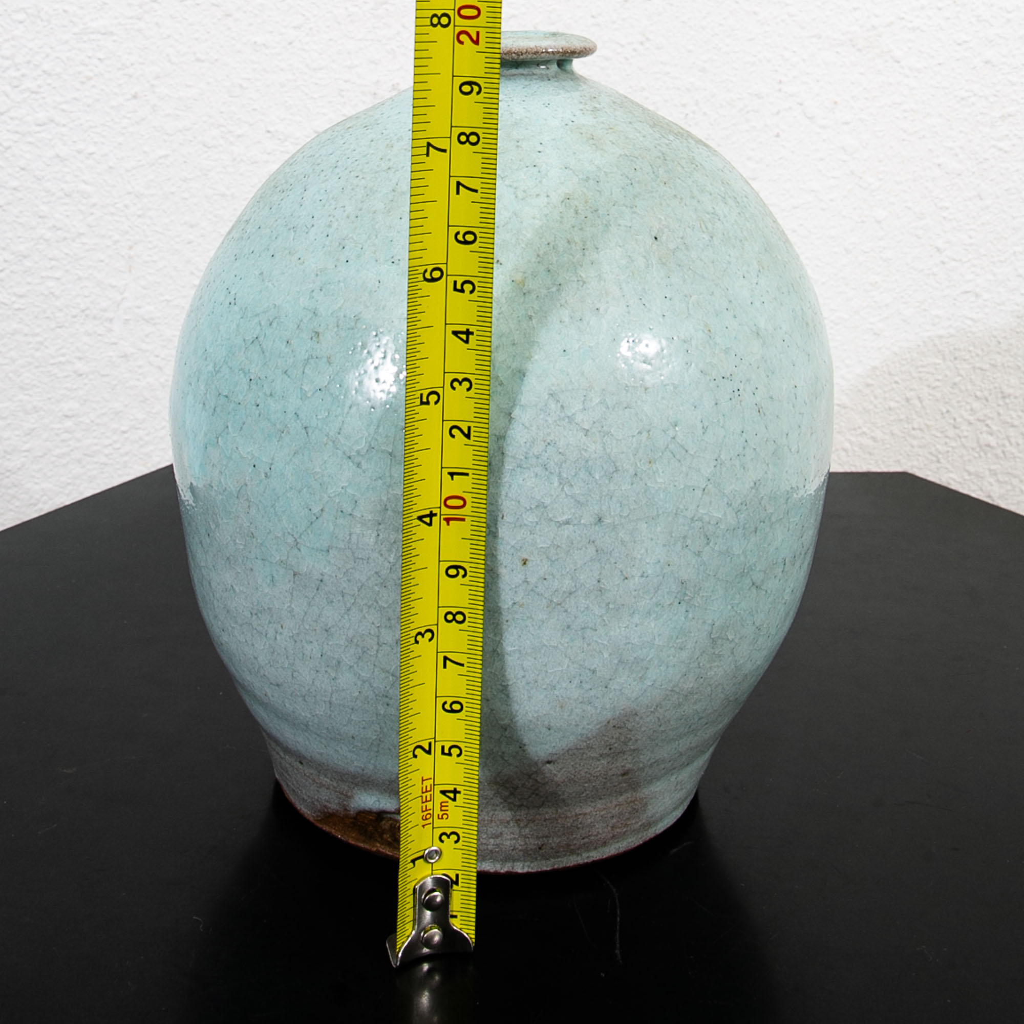 Mid Century Modern Round Vase Pot Teal Glaze Studio Ceramic Blue Weed Vintage - Image 12