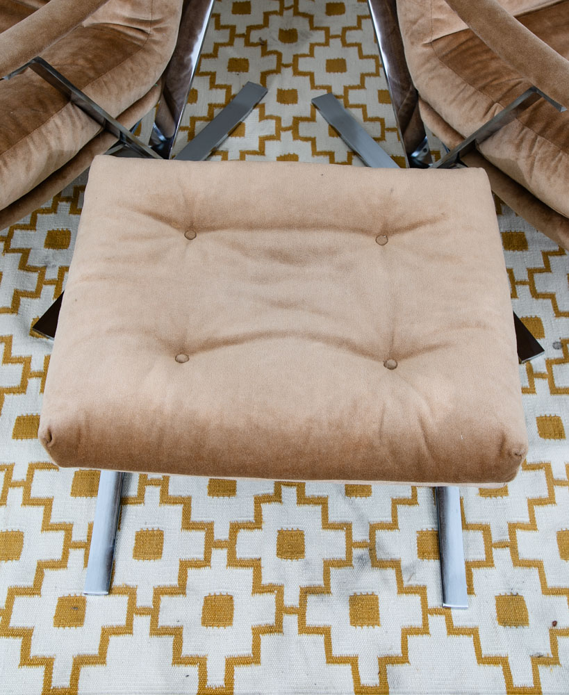 Mid Century Danish Modern Lounge Chairs Set Tufted Metal Ottoman Pair Tan Arm 2 - Image 9