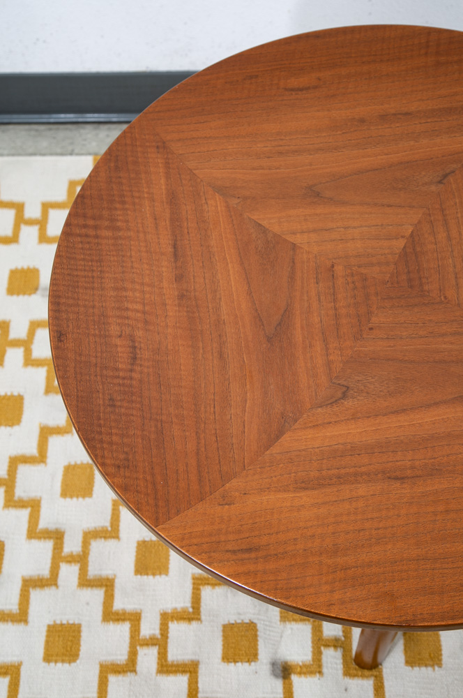 Mid Century Modern Side Table Set End Round Drexel Parallel 2 Walnut Nightstands - Image 9