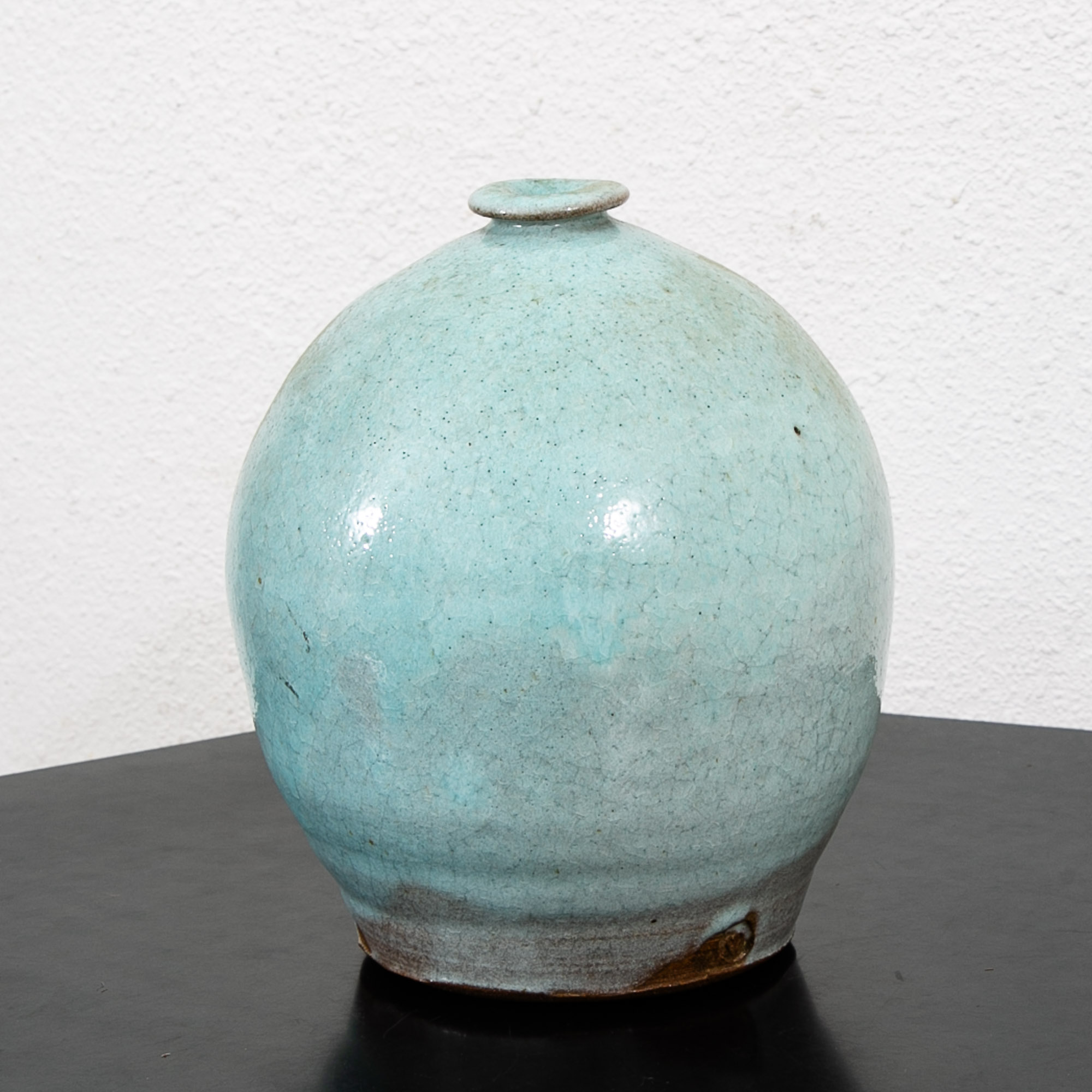 Mid Century Modern Round Vase Pot Teal Glaze Studio Ceramic Blue Weed Vintage - Image 2