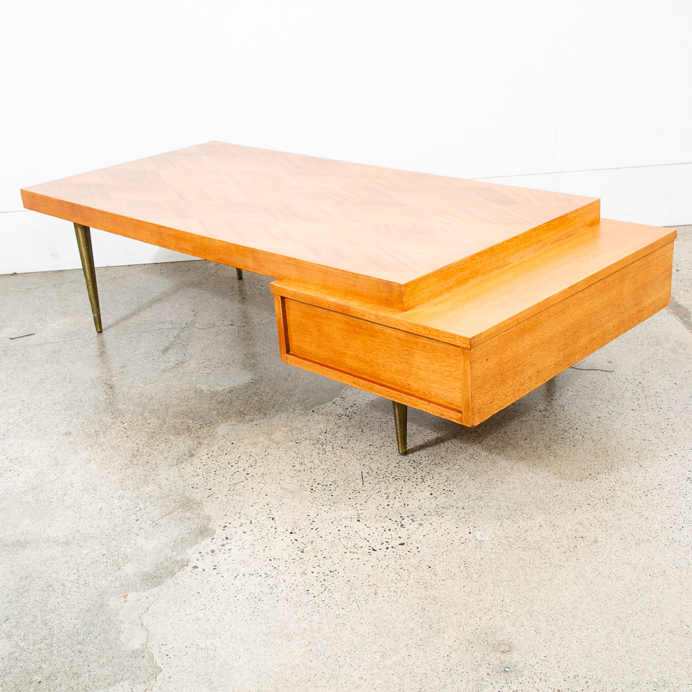 Mid Century Modern Coffee Table Mahogany Drawer Blonde Wood Mansion House Mcm - Image 5